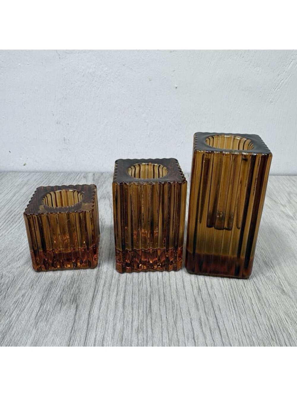 3 Amber Candlestick Holder Lot Candle Square MCM - Picture 3 of 7